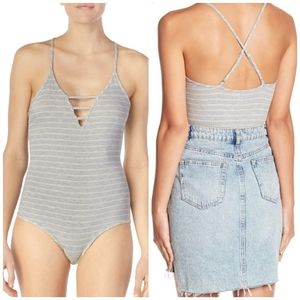 New! Room Service Gray Striped Bodysuit V-Neck